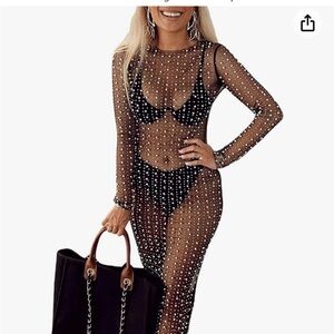 Popular Black sheer dress with pearls and diamonds